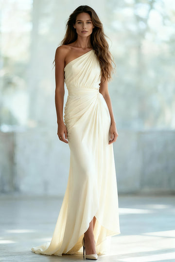 One Shoulder Sheath Ivory Ruched Evening Dress